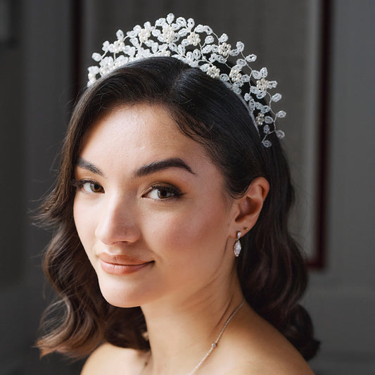 Rosalea botanical Pearl flowers and leaves tiara
