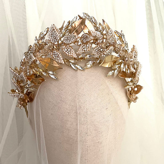 Gold and Pearl leaf wedding crown also in silver