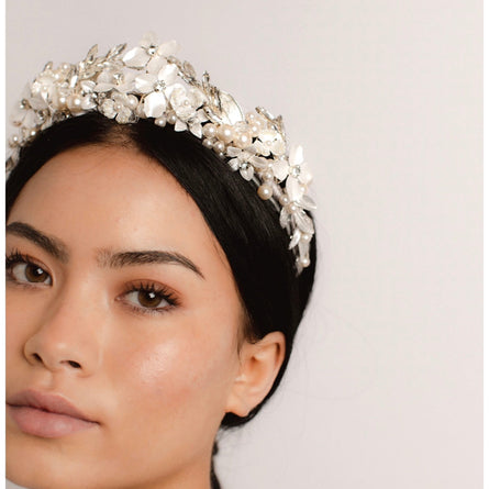 Botanical ivory tiara with white flowers and silver setting also in gold