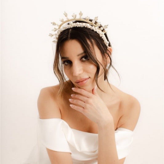 Charm and Faith Pearl and gold halo headpiece