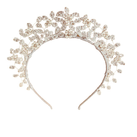 Intricate bridal headdress design of Pearl flowers and leaves