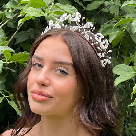 Side view of bridal headpiece with Pearl flowers and buds 