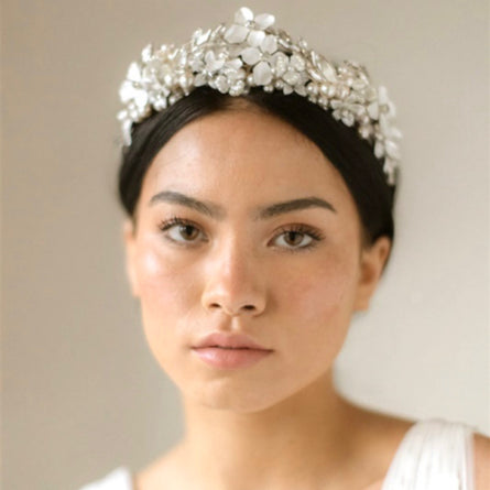 White botanical floral tiara with silver settings